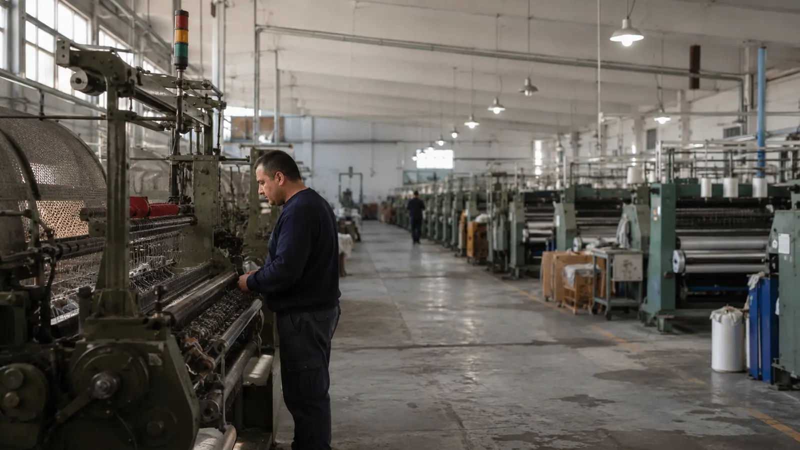 Technician inspecting machinery in a textile plant operating with low activity