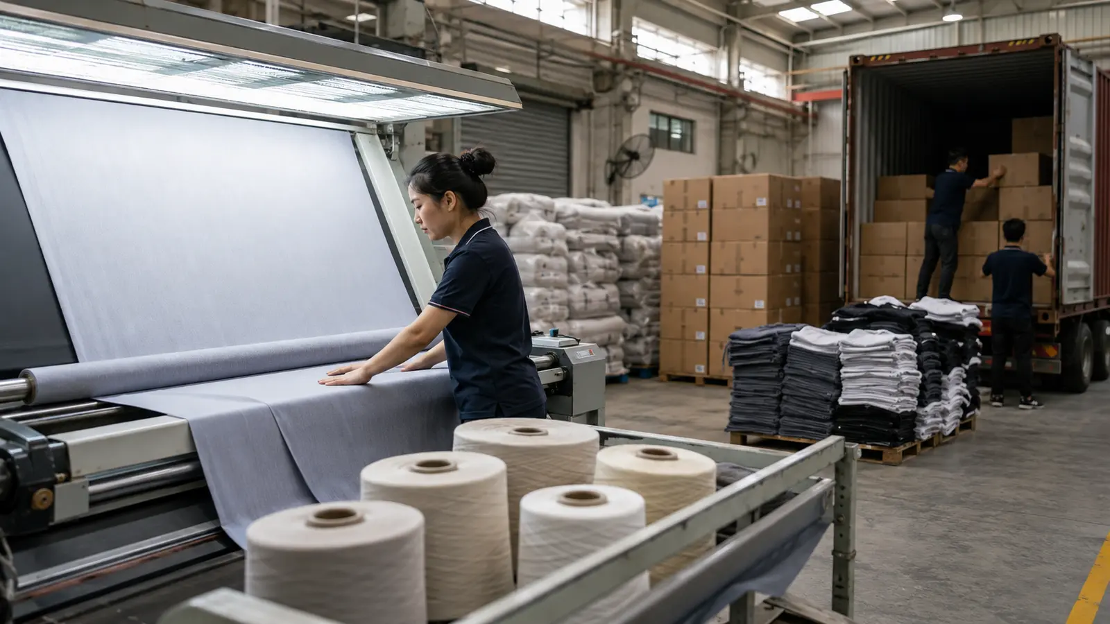 Worker inspecting fabric as textile and apparel goods are prepared for export