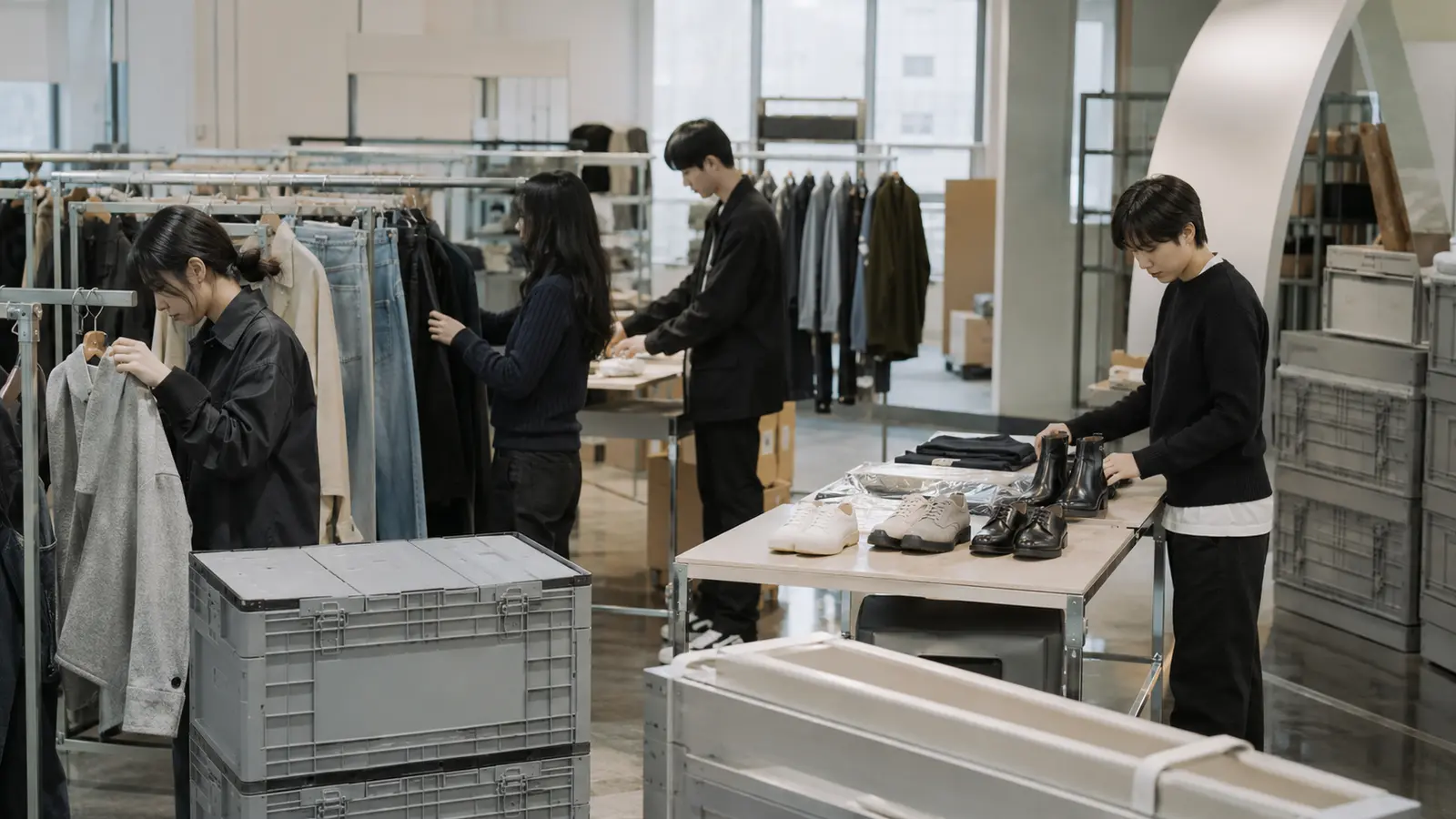 Fashion team preparing garments and footwear for an overseas retail presentation