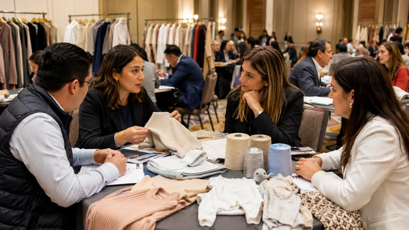 Latin American buyers reviewing cotton, alpaca and babywear samples at a business meeting