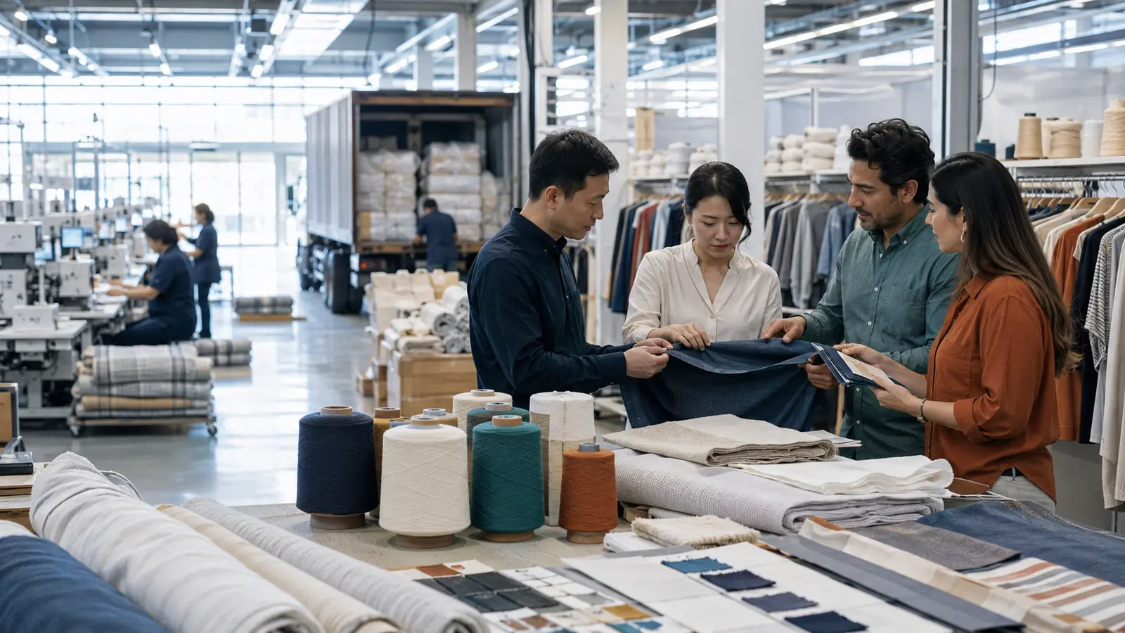 Textile professionals reviewing fabrics inside a production and sourcing facility