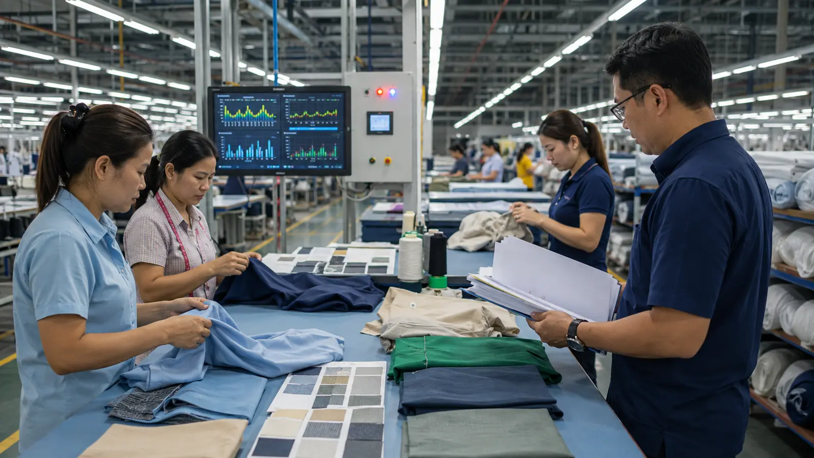 Factory team reviewing fabrics and production information during a sourcing assessment