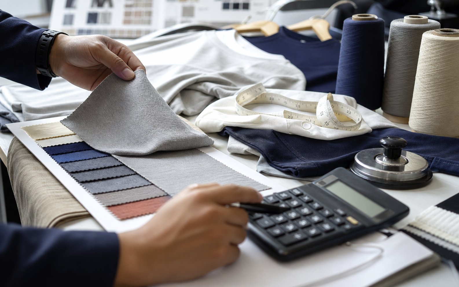 Garment costing desk with fabric swatches, sample T-shirts, yarn cones and calculator.