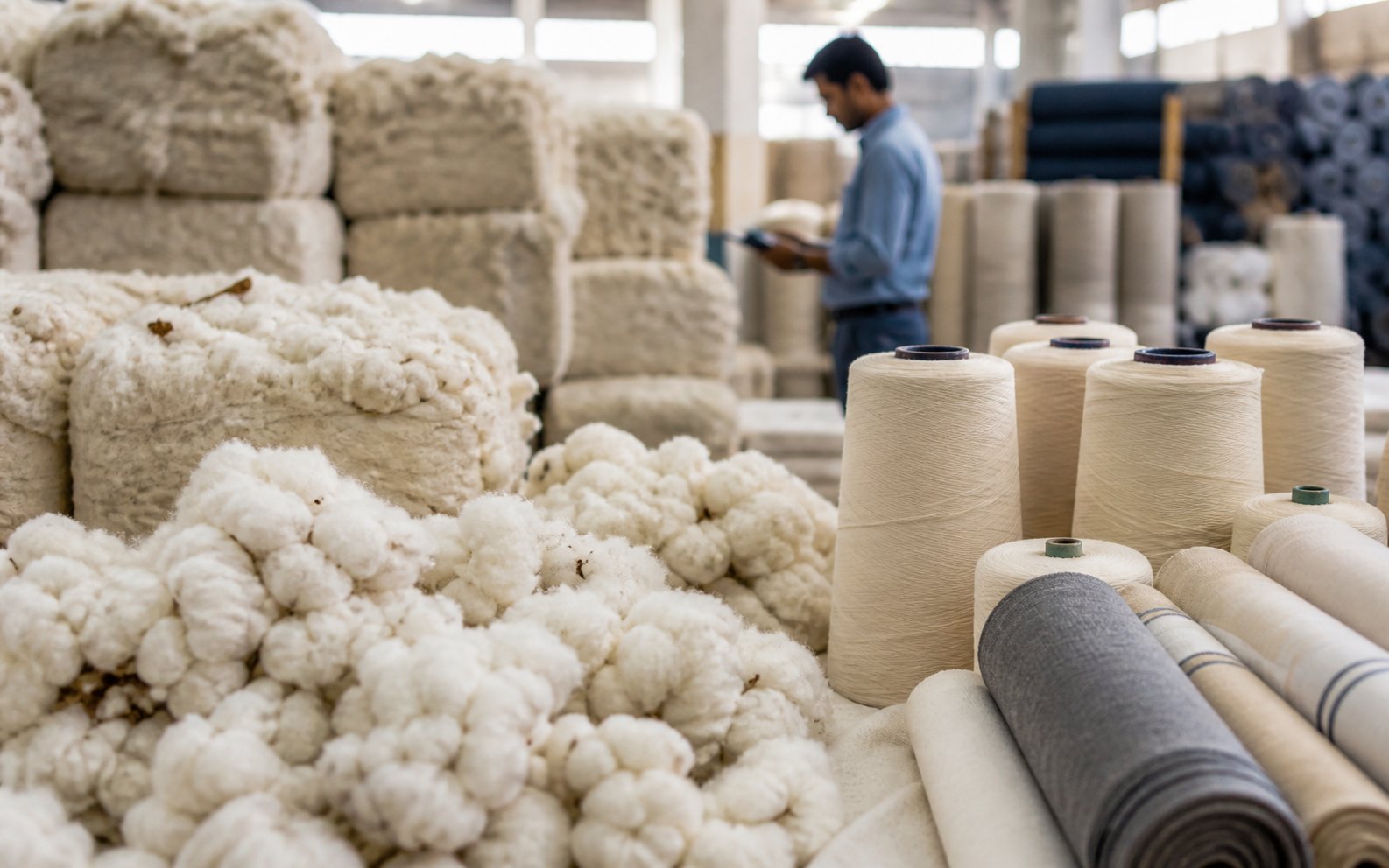 Cotton bales, yarn cones and fabric rolls in a textile raw-material storage area.